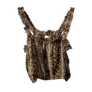 NWT Elan Brown Tulum Boho Abstract Printed Tank Top Ruffle Trim Size Medium